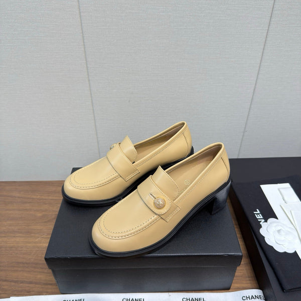 CC 25K Logo Button Loafers 35mm High Heel Beige Calfskin 517624