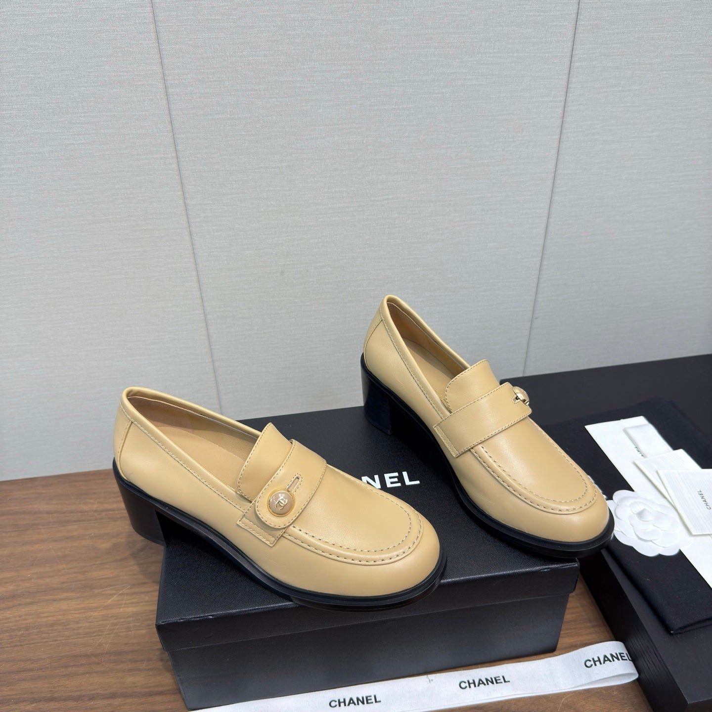 CC 25K Logo Button Loafers 35mm High Heel Beige Calfskin 517624