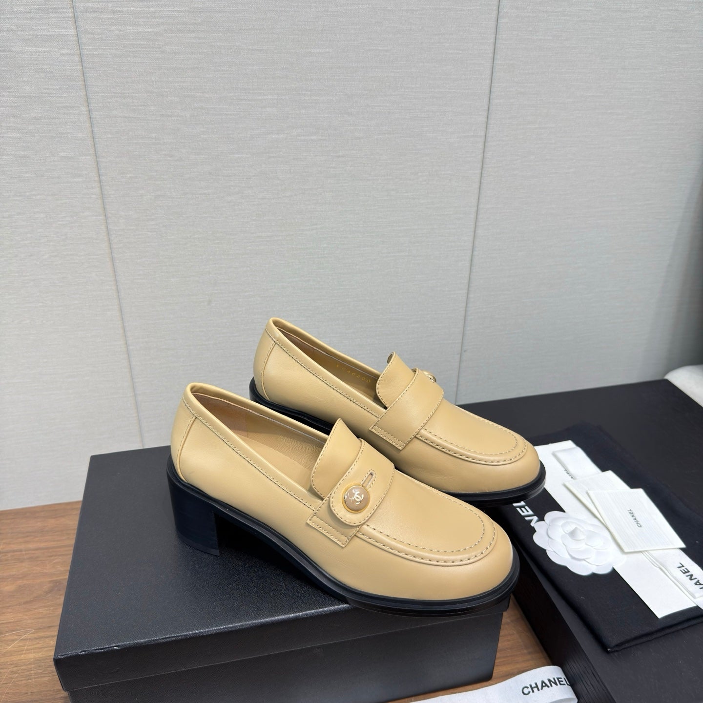 CC 25K Logo Button Loafers 35mm High Heel Beige Calfskin 517624