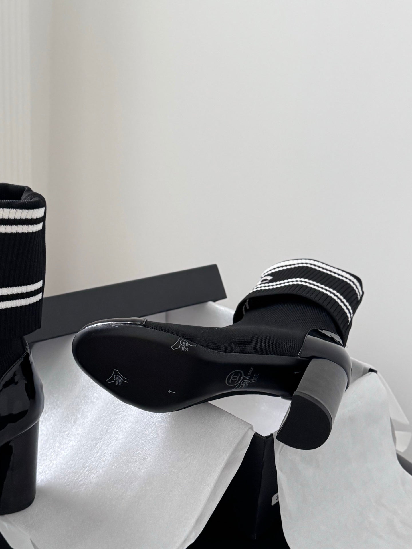 CC 25K Ankle Sock Boots 85mm Heel Black Patent Calfskin and Lambskin 508003