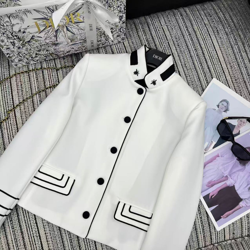 CD 25FW Stand Collar Black and White Contrast Polyester Suit Jacket
