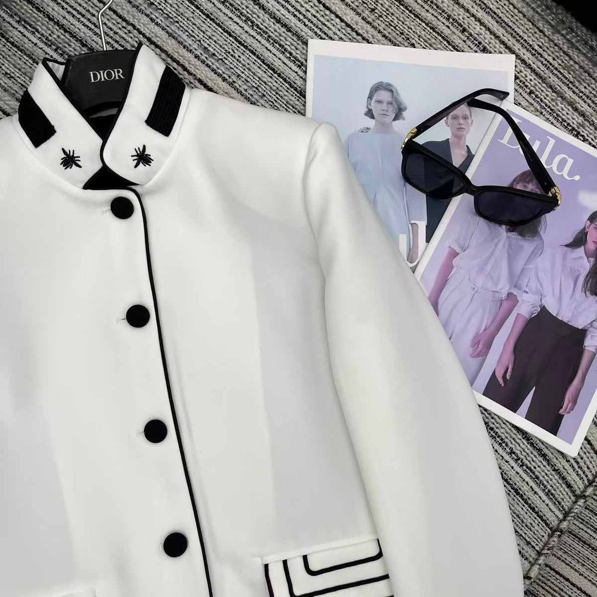 CD 25FW Stand Collar Black and White Contrast Polyester Suit Jacket
