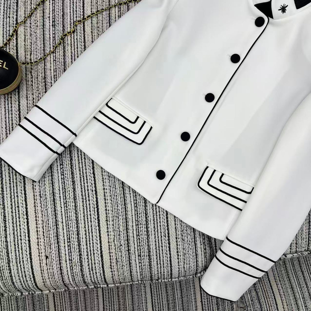 CD 25FW Stand Collar Black and White Contrast Polyester Suit Jacket