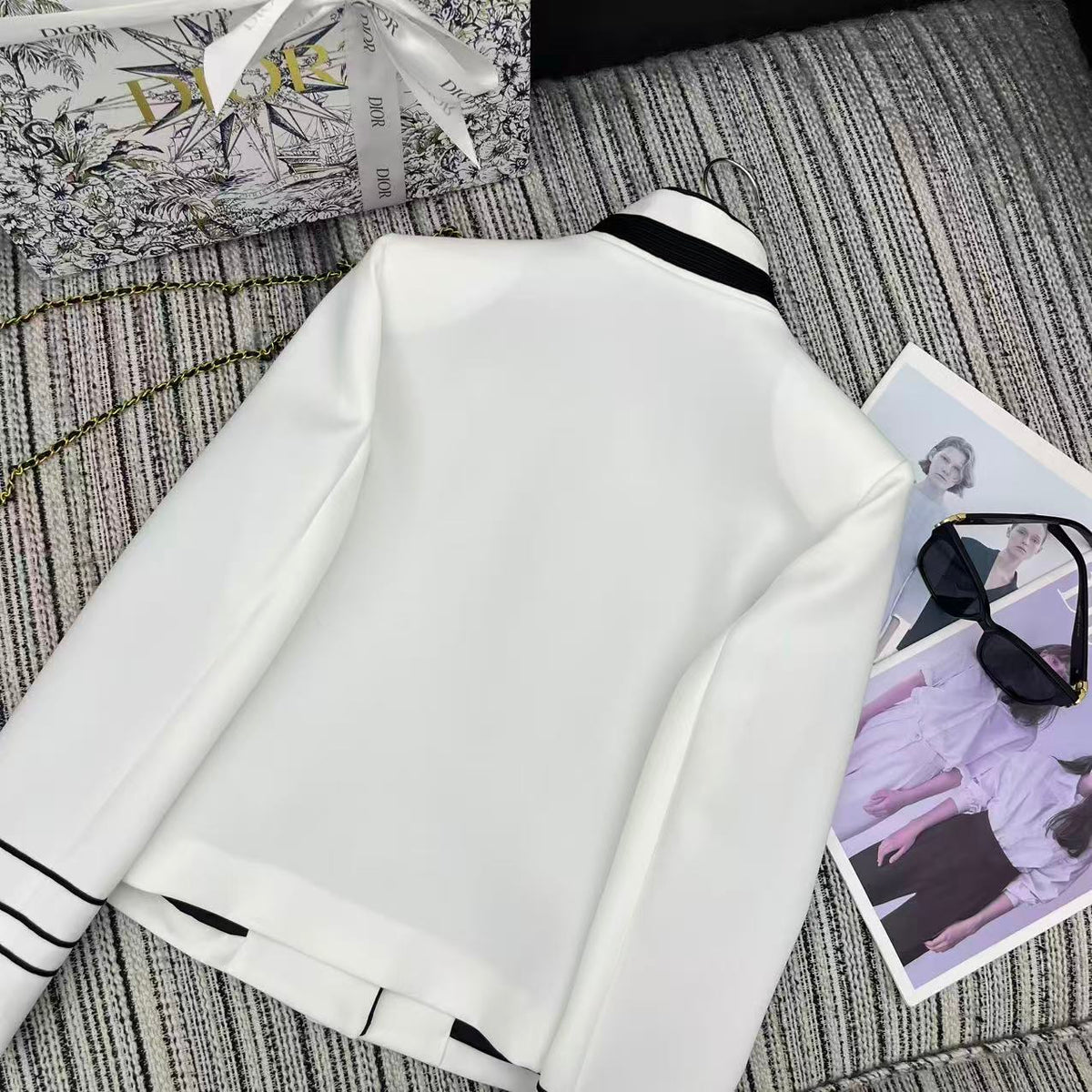 CD 25FW Stand Collar Black and White Contrast Polyester Suit Jacket