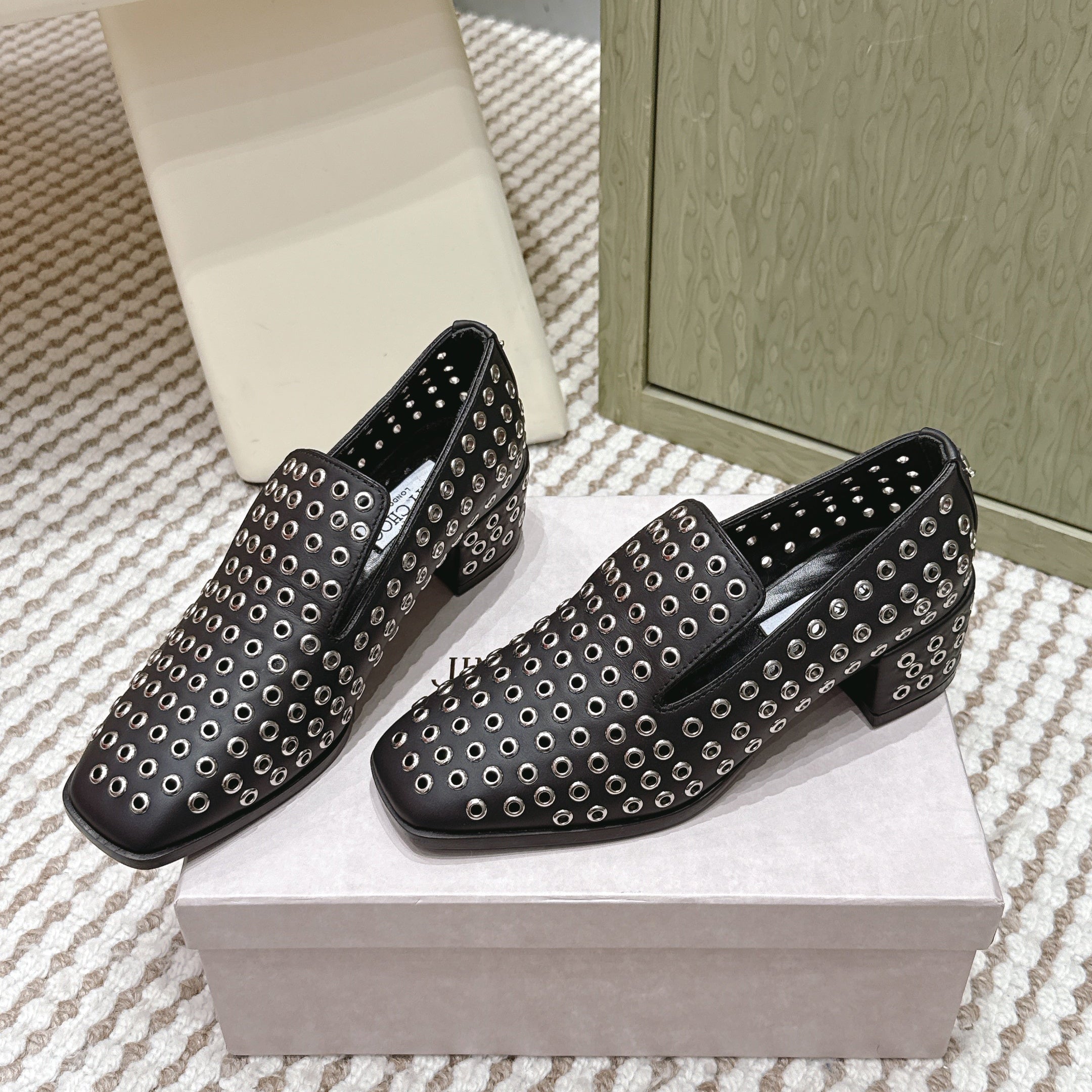 Jimmy Choo Eliot Slippers 45mm Metallic Eyelets Black Calfskin 568494
