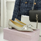 Jimmy Choo 26WF Pointed Toe Rhinestone Bow Chunky Heel Silver Sheepskin 573543
