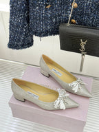 Jimmy Choo 26WF Pointed Toe Rhinestone Bow Chunky Heel Silver Sheepskin 573543