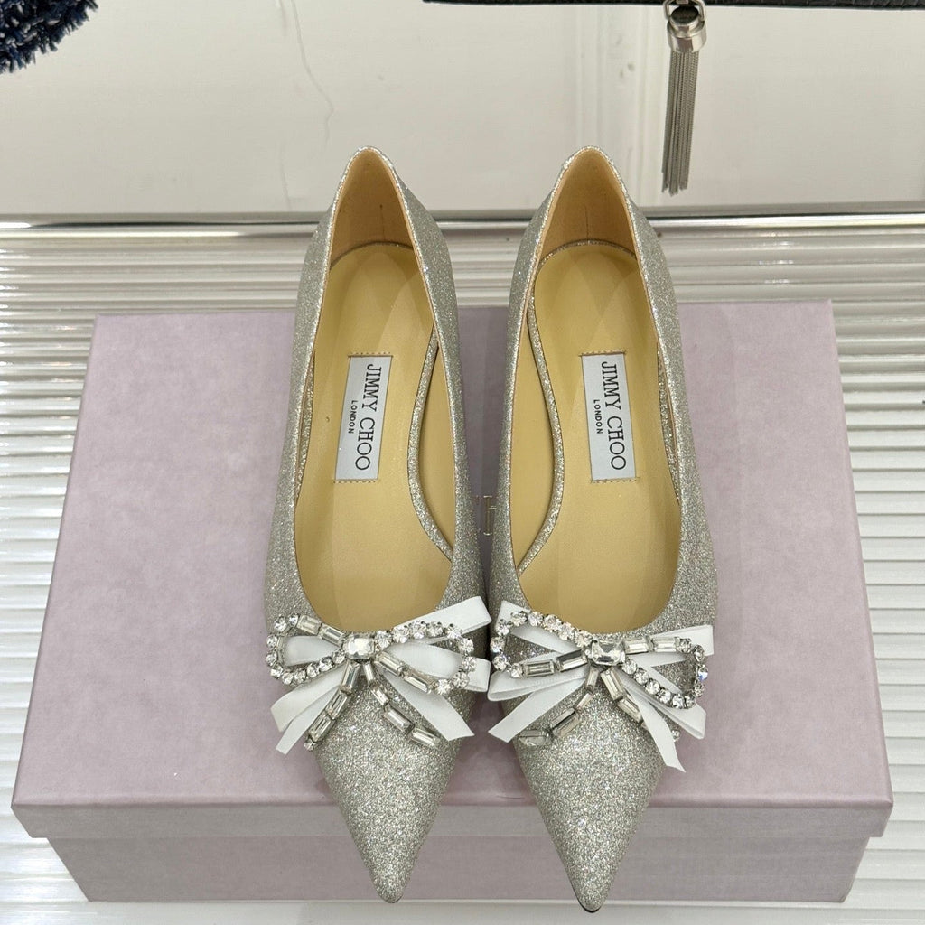 Jimmy Choo 26WF Pointed Toe Rhinestone Bow Chunky Heel Silver Sheepskin 573543