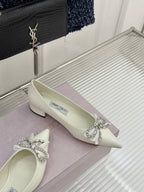 Jimmy Choo 26WF Pointed Toe Rhinestone Bow Chunky Heel White  Sheepskin 573542