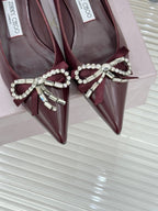 Jimmy Choo 26WF Pointed Toe Rhinestone Bow Chunky Heel Burgundy Sheepskin 573541