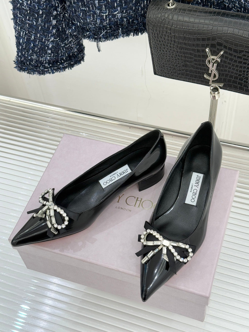 Jimmy Choo 26WF Pointed Toe Rhinestone Bow Chunky Heel Black in  Sheepskin 573540