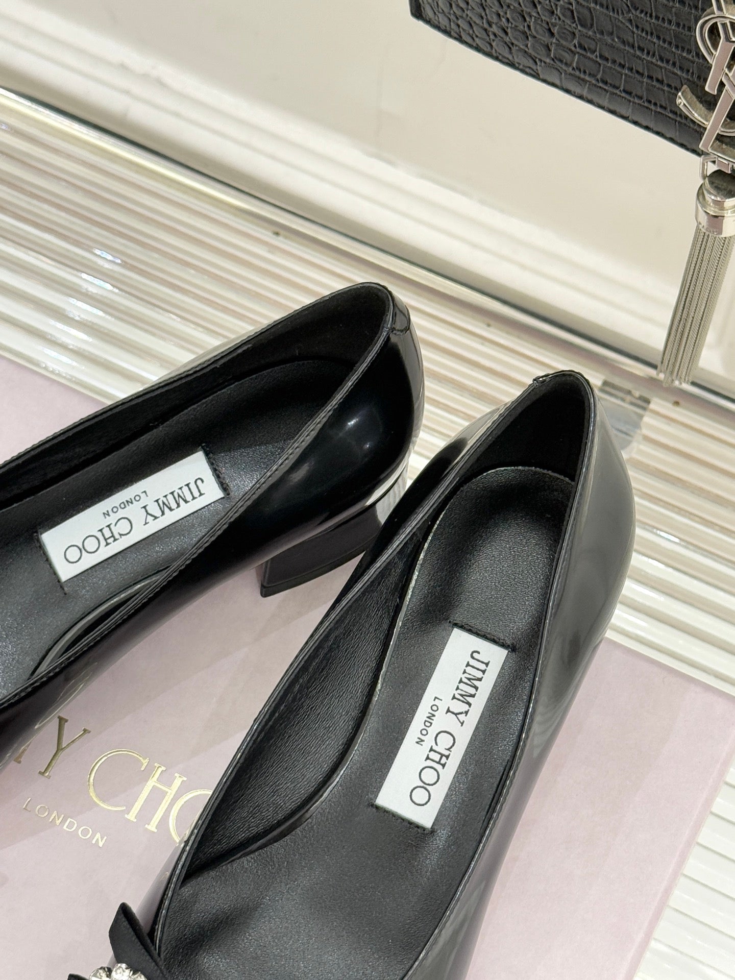 Jimmy Choo 26WF Pointed Toe Rhinestone Bow Chunky Heel Black in  Sheepskin 573540