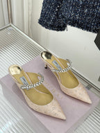 Jimmy Choo Classic Diamond Chain Point Toe High Heels Champagne Glitter Sheepskin 573548