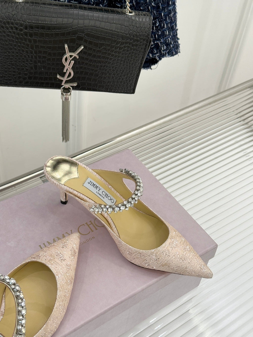 Jimmy Choo Classic Diamond Chain Point Toe High Heels Champagne Glitter Sheepskin 573548