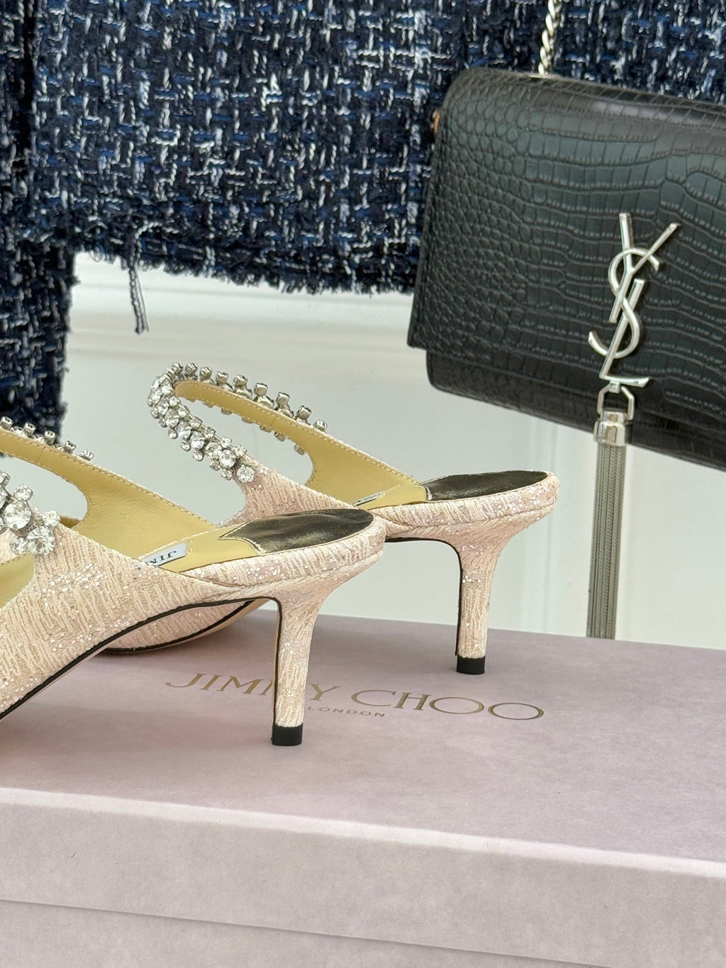 Jimmy Choo Classic Diamond Chain Point Toe High Heels Champagne Glitter Sheepskin 573548