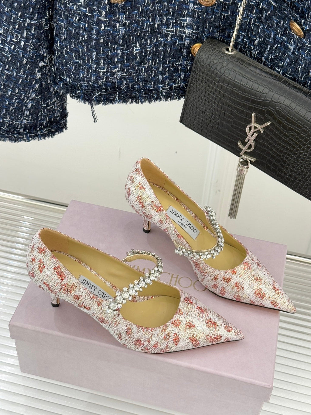 Jimmy Choo Classic Diamond Chain Point Toe High Heels Light Pink Sheepskin 573545