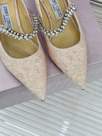 Jimmy Choo Classic Diamond Chain Point Toe High Heels Champagne Glitter Sheepskin 573546