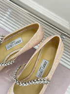 Jimmy Choo Classic Diamond Chain Point Toe High Heels Champagne Glitter Sheepskin 573546