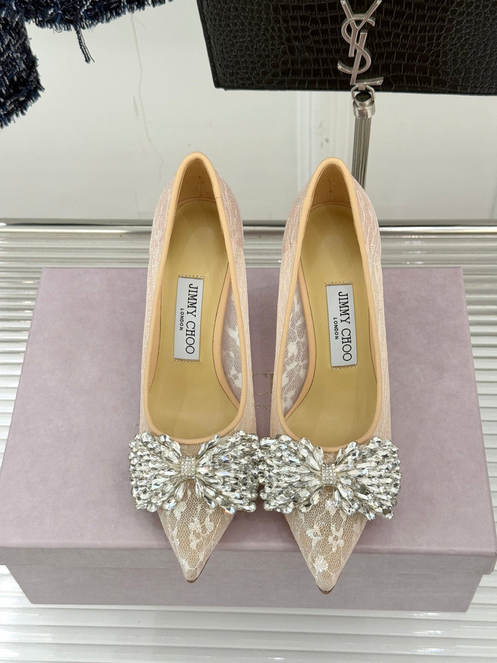 JC25WF Rhinestone Bow Pionted Toe High Heels 85 Nude Sheepskin 573538