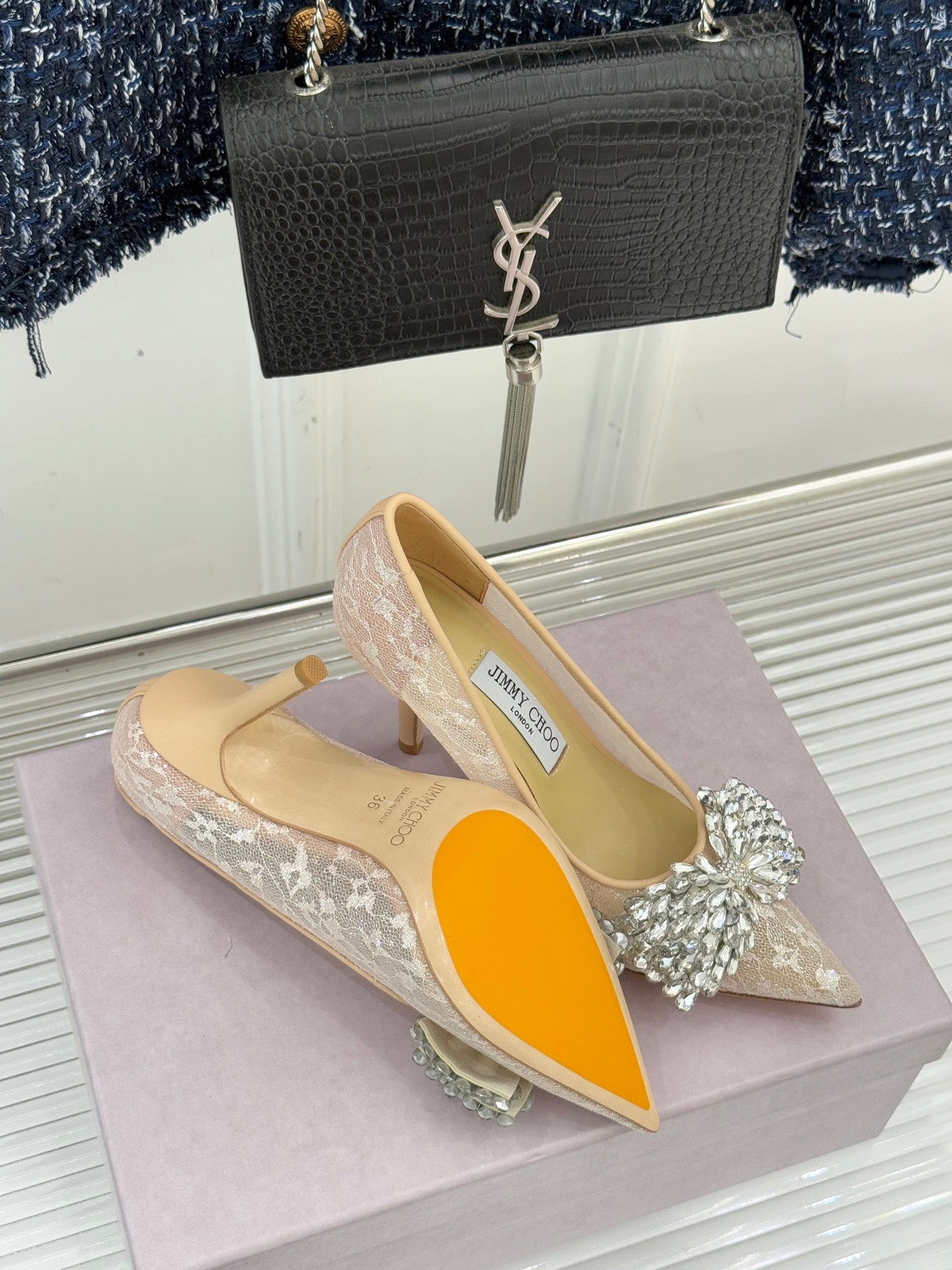 JC25WF Rhinestone Bow Pionted Toe High Heels 85 Nude Sheepskin 573538