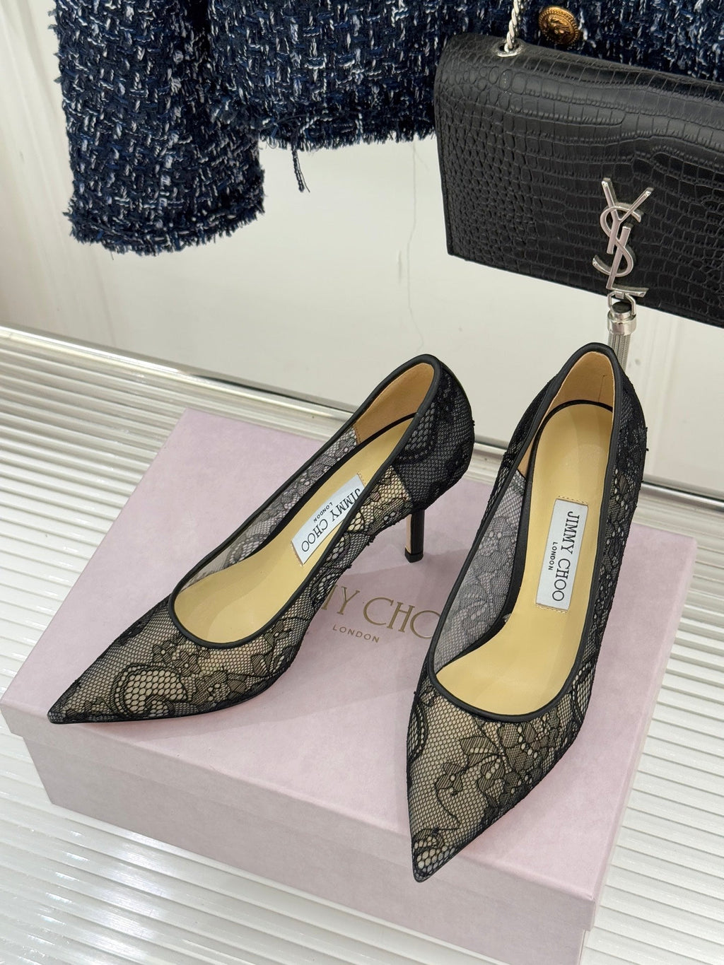 Jimmy Choo Classic Lace 65mm Pointed-Toe High Heels Black Sheepskin 573532