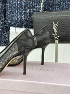 Jimmy Choo Classic Lace 65mm Pointed-Toe High Heels Black Sheepskin 573532