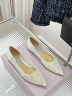 Jimmy Choo Classic Lace Pointed-Toe Ballet Flats White Sheepskin 573525