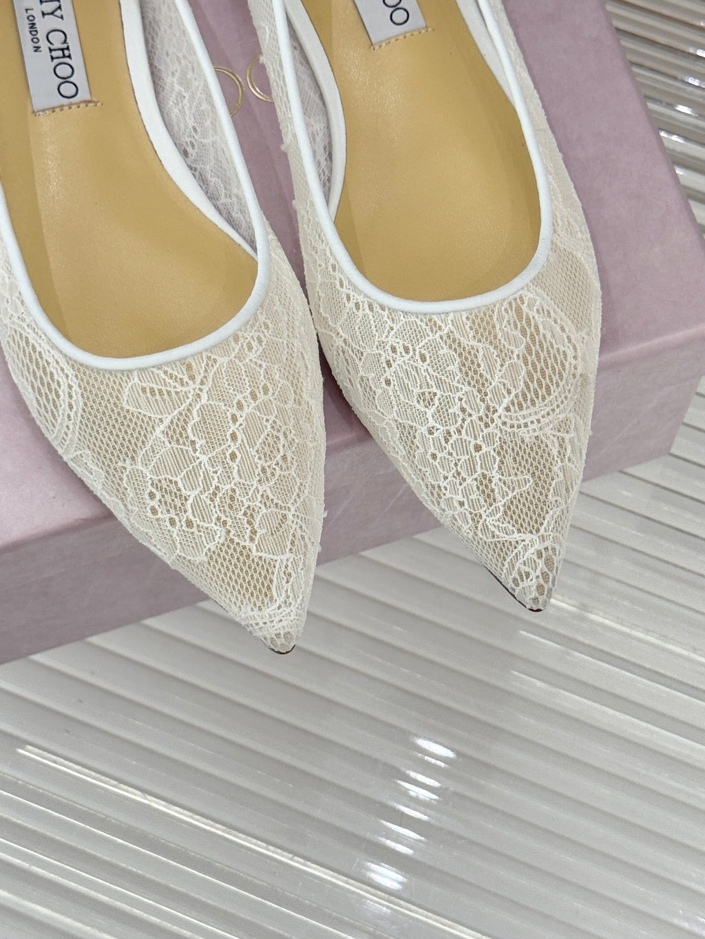 Jimmy Choo Classic Lace Pointed-Toe Ballet Flats White Sheepskin 573525