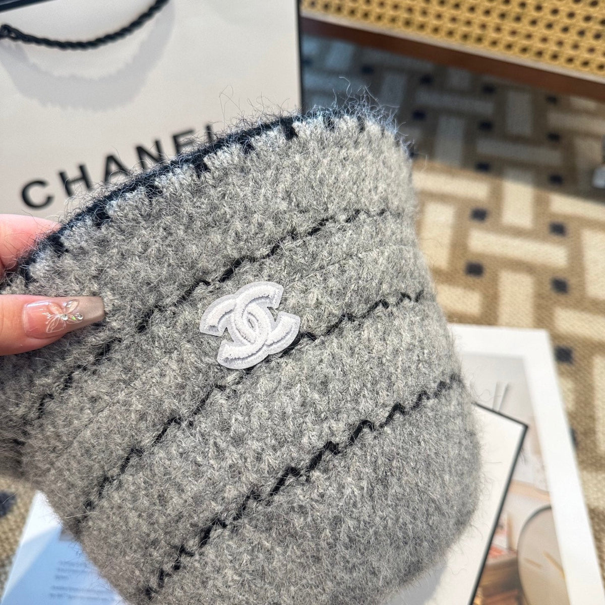 Chanel New Autumn/Winter Wool Blend Knit Bucket Grey Hat 960029
