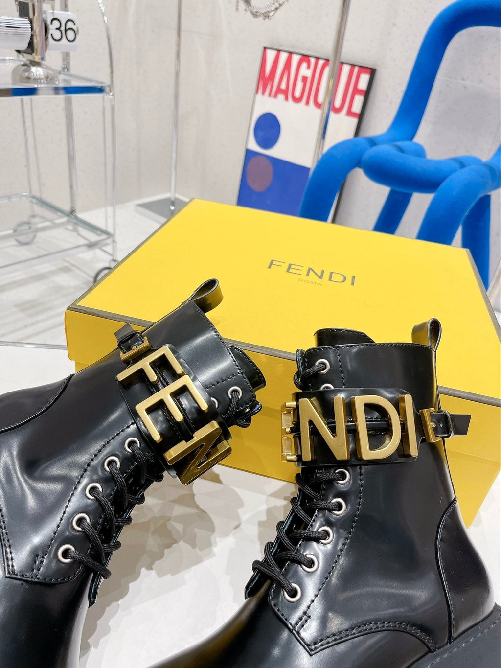 Fendi Martin Boots with Metal Buckle Black in Cowhide 576792
