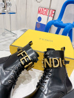 Fendi Martin Boots with Metal Buckle Black in Cowhide 576792