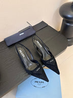 PRADA 25ss Retro Black Triangle Logo Pointed Toe Kitten Heel in Lambskin 580369