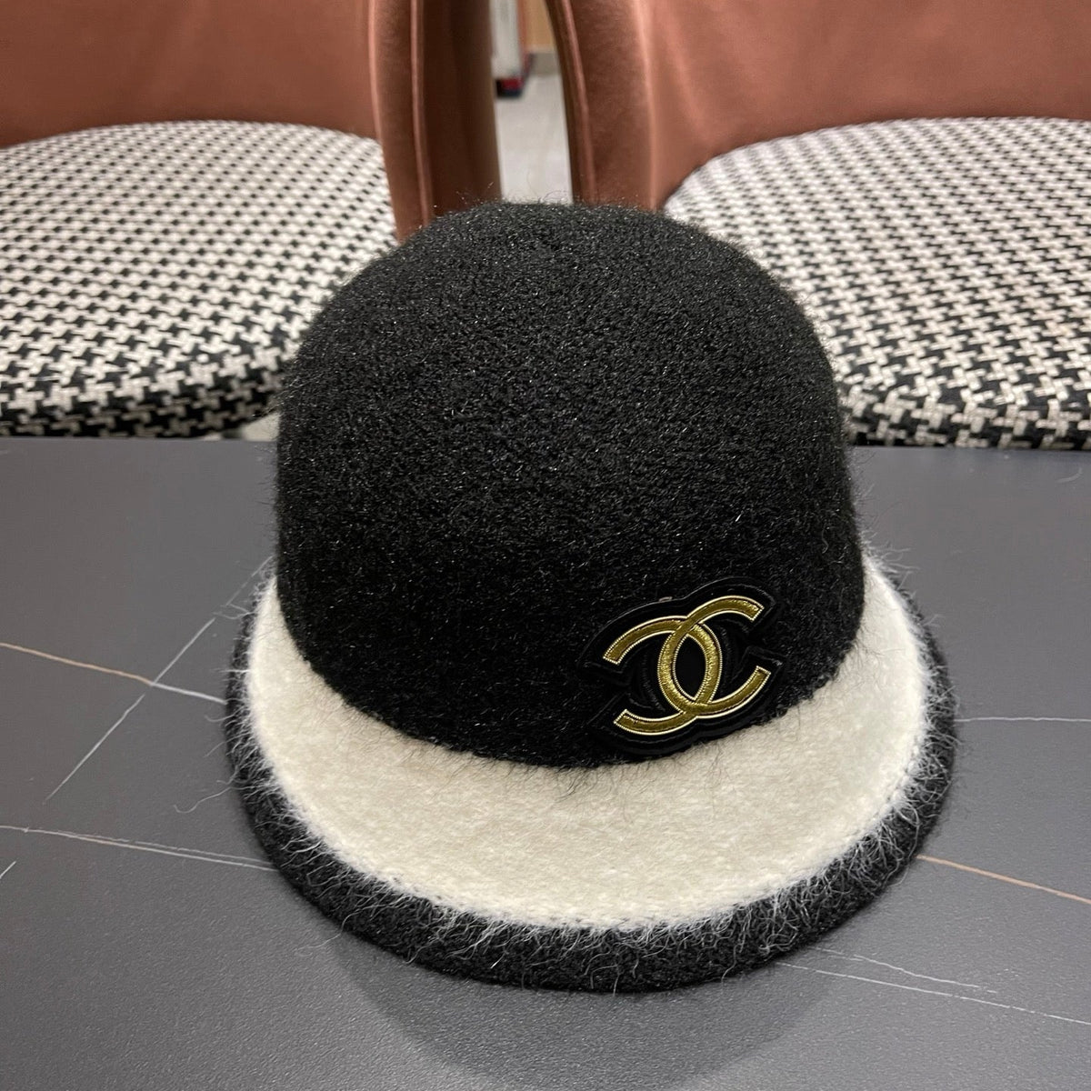 Chanel Women's Plush Bucket Black mix White Hat 980037