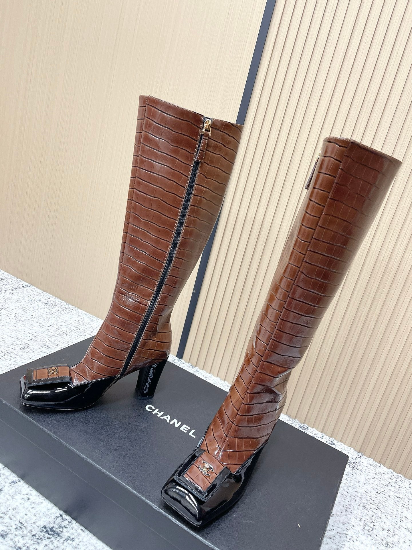 Chanel Croc-Embossed Square-Toe Dark Brown High Boots in Cowhide 591399