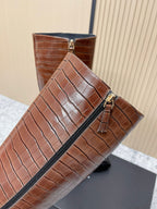 Chanel Croc-Embossed Square-Toe Dark Brown High Boots in Cowhide 591399