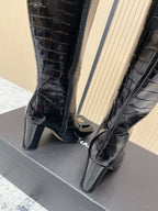 Chanel Croc-Embossed Square-Toe Black High Boots in Cowhide 591398