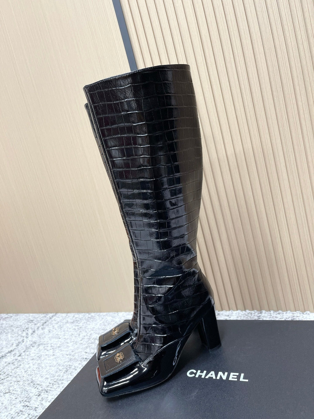 Chanel Croc-Embossed Square-Toe Black High Boots in Cowhide 591398