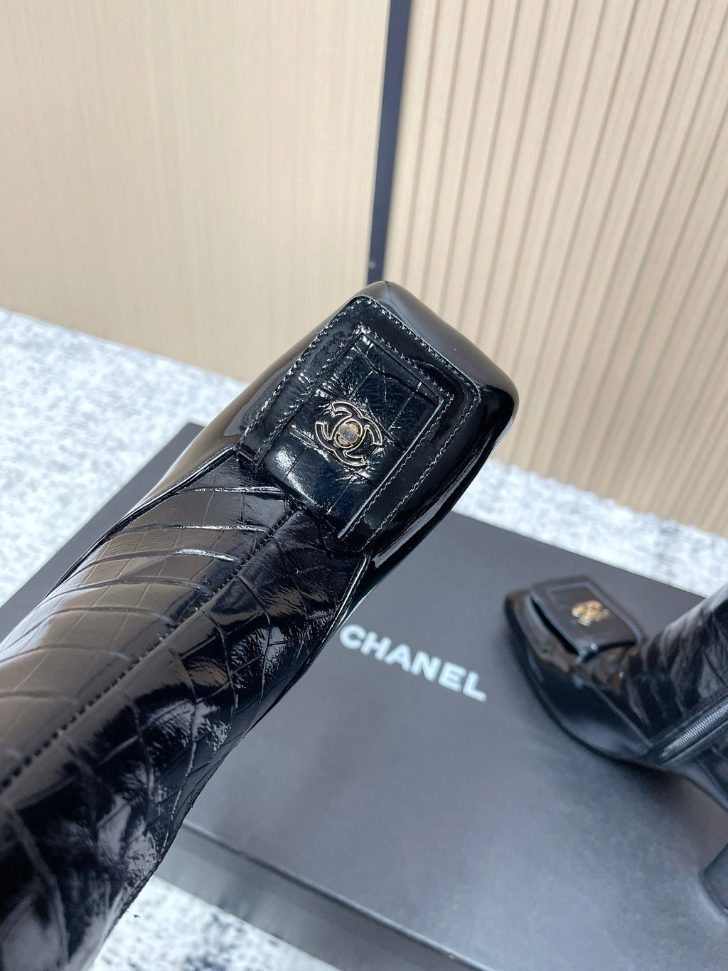 Chanel Croc-Embossed Square-Toe Black High Boots in Cowhide 591398