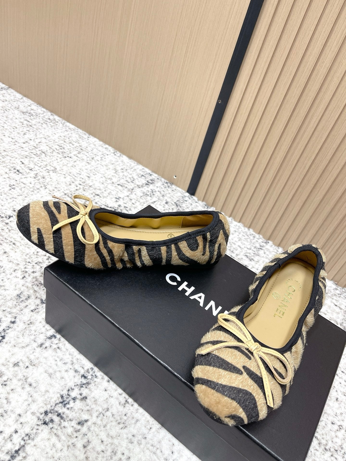Chanel 26 Tiger Print Brown Black Ballet Flat in Sheepskin Wool 591377