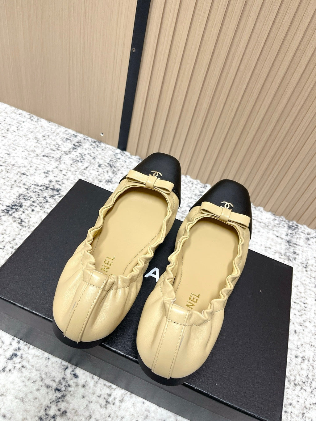 Chanel 26 Ruffle Brown Black Ballet Flats in Lambskin 591374