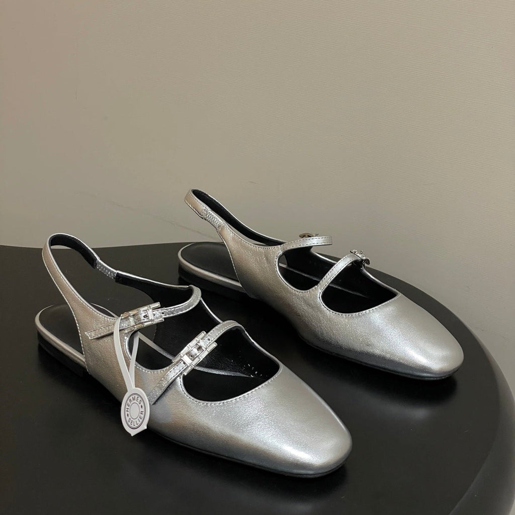 Hermes 26S Mila Open-Heel Sandals Silver in Calfskin 594344