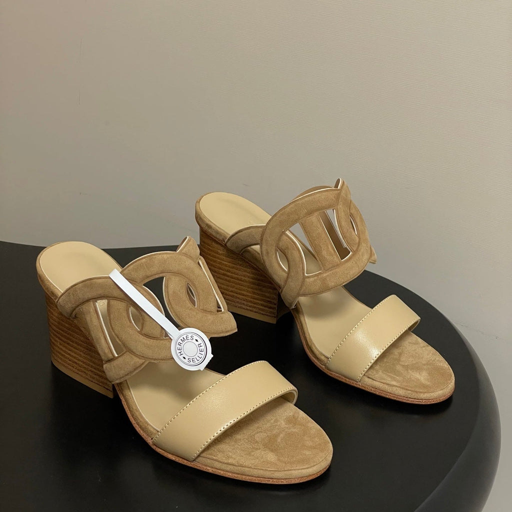 HM Lipari 70 Chunky Heeled Sandal Series Brown Beige in Suede 594331