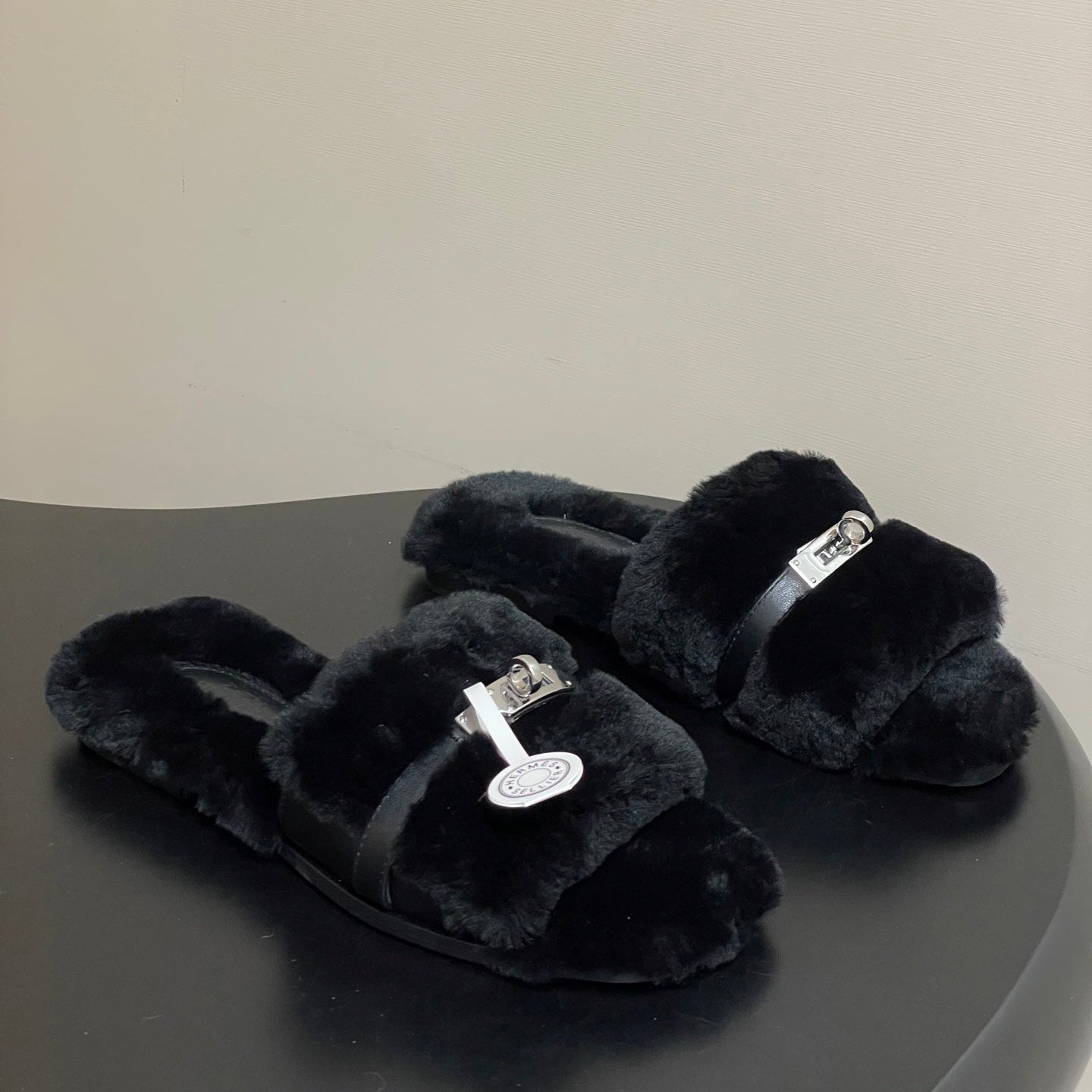 Hermes Giulia Kelly Buckle H-Slippers Black in Wool 594329