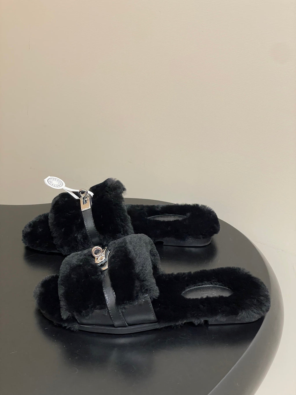 Hermes Giulia Kelly Buckle H-Slippers Black in Wool 594329