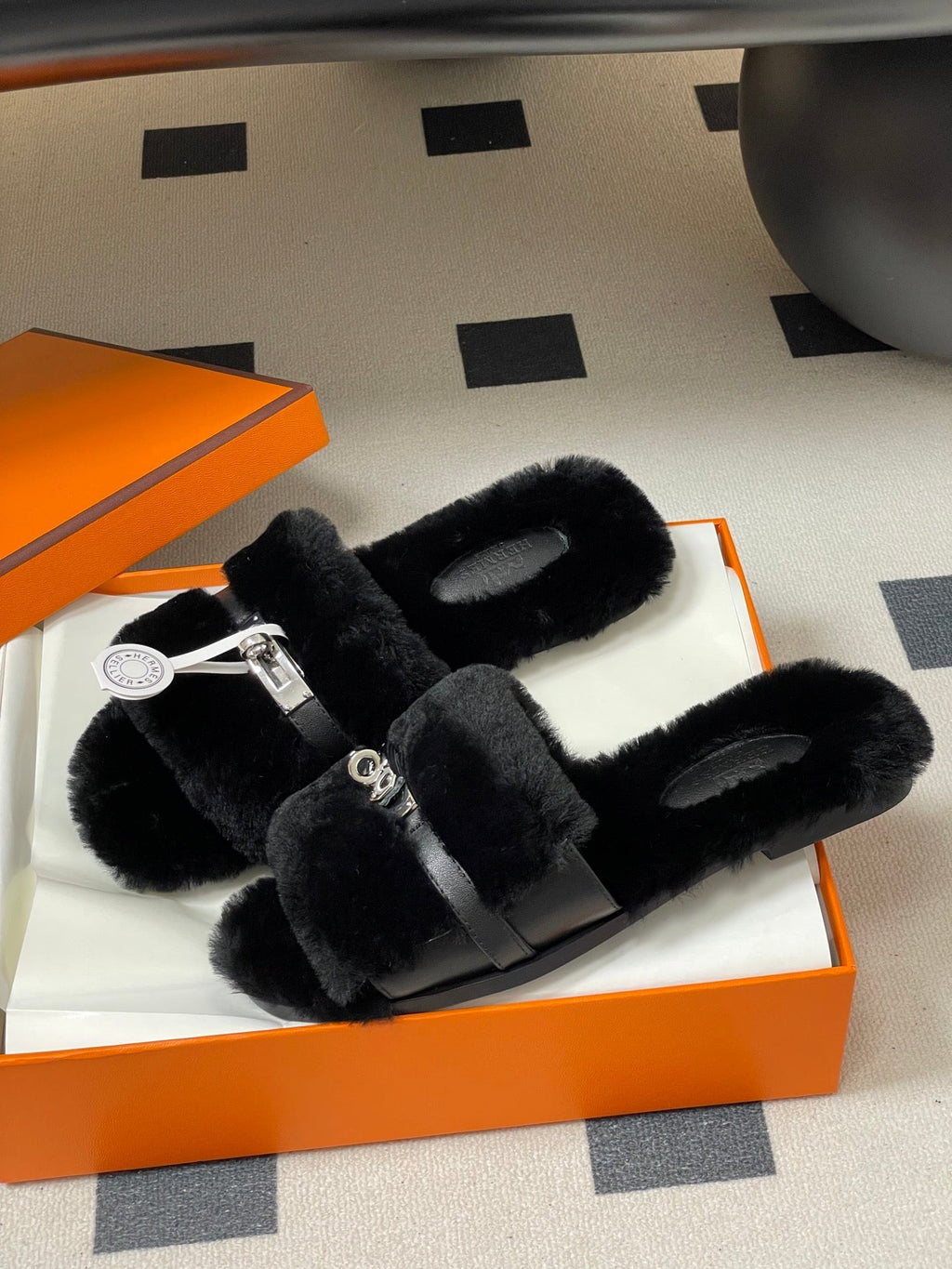 Hermes Giulia Kelly Buckle H-Slippers Black in Wool 594329