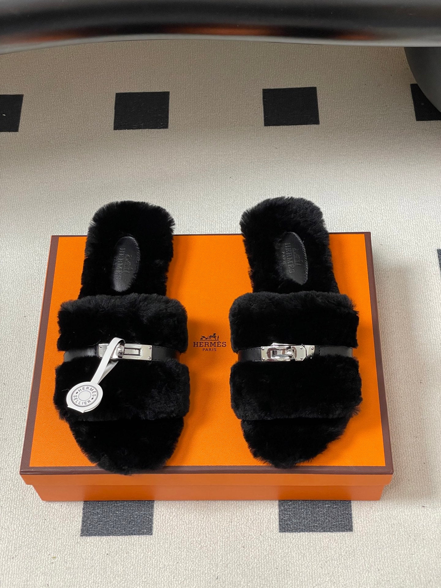 Hermes Giulia Kelly Buckle H-Slippers Black in Wool 594329