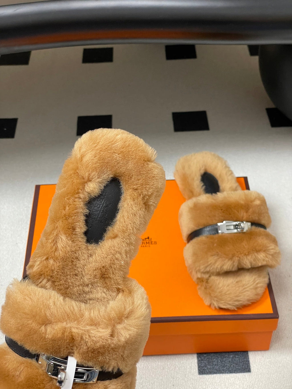 Hermes Giulia Kelly Buckle H-Slippers Brown in Wool 594325