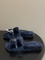 Hermes Giulia Kelly Buckle H-Slippers Navy Blue in Wool 594324