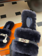 Hermes Giulia Kelly Buckle H-Slippers Navy Blue in Wool 594324