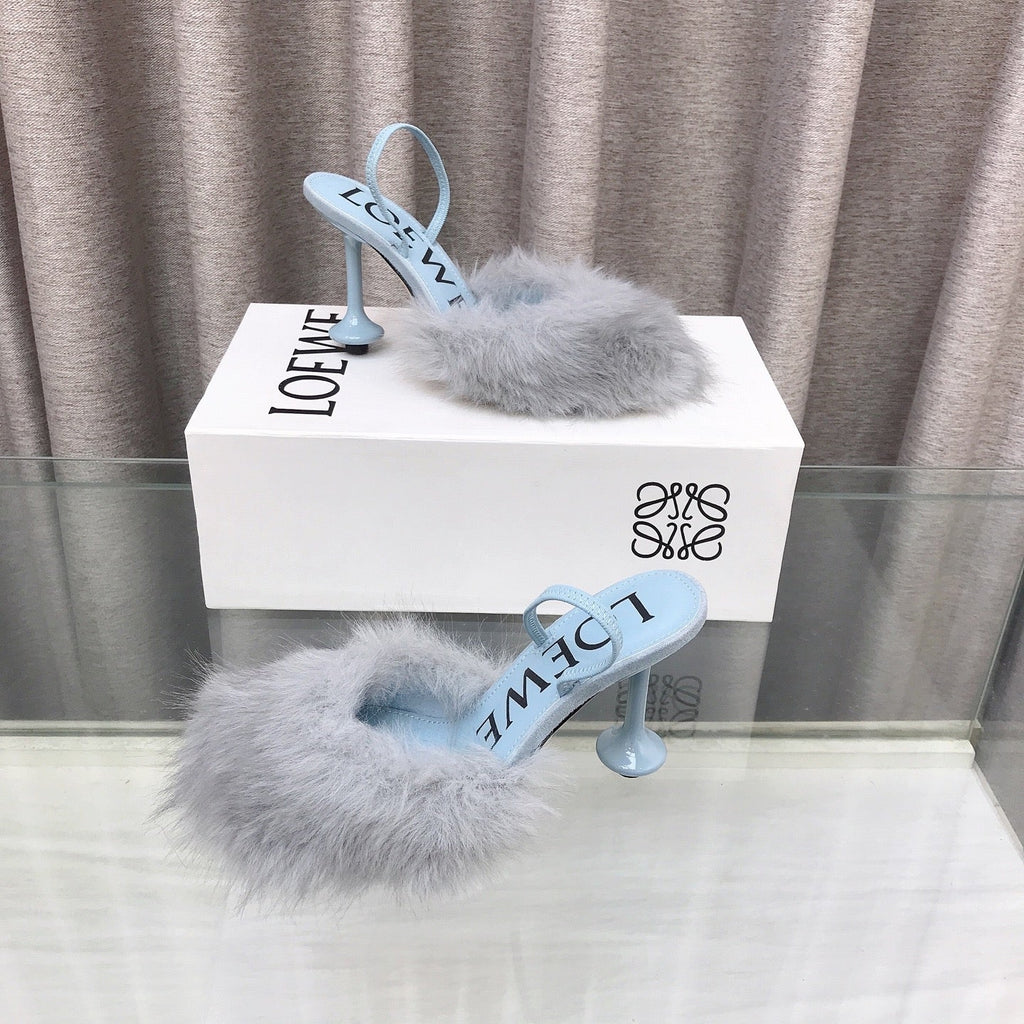 Loewe 25SS Fur-lined Mule 100 Blue in Fox Fur 597444